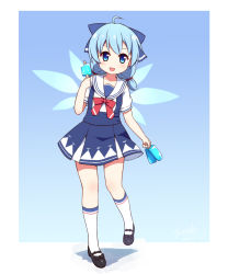 Rule 34 | 1girl, :d, adapted costume, ahoge, black footwear, blue bow, blue eyes, blue hair, blue skirt, blue wings, bow, cirno, commentary request, fairy, fairy wings, food, full body, hair bow, hand up, highres, holding, holding food, langbazi, looking at viewer, open mouth, pleated skirt, popsicle, puffy short sleeves, puffy sleeves, sailor collar, shirt, shoes, short sleeves, skirt, smile, socks, solo, standing, standing on one leg, suspender skirt, suspenders, touhou, white sailor collar, white shirt, white socks, wings