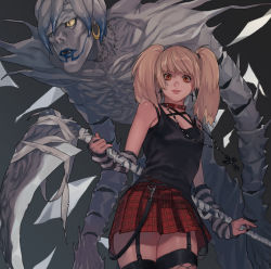 Rule 34 | 1girl, amane misa, bandages, bare shoulders, black background, black nails, black shirt, blonde hair, breasts, chain, colored skin, cross, cross earrings, cross necklace, death note, earrings, fangs, garter straps, gradient background, grey skin, highres, holding, holding scythe, jewelry, long hair, looking at viewer, nail polish, necklace, open mouth, plaid, plaid skirt, pleated skirt, purple lips, red skirt, rei (tdn ng), scythe, shiny skin, shirt, skindentation, skirt, small breasts, smile, solo, thighhighs, torn clothes, torn shirt, twintails, weapon, yellow eyes