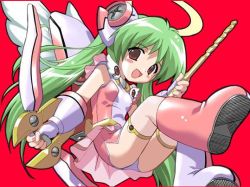Rule 34 | 1girl, :d, angel wings, blush, boots, bow (weapon), c3 2003 image character, chibi, chibi only, collaboration, dress, drill, gloves, green hair, halo, komatsu eiji, long hair, ookawara kunio, open mouth, original, panties, pantyshot, pink footwear, red background, red eyes, short dress, skirt, smile, solo, twintails, underwear, upskirt, weapon, wings
