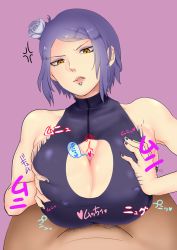 Rule 34 | 1girl, absurdres, annoyed, bare arms, bare shoulders, blue hair, breasts squeezed together, breasts, censored, chisunosuke, cleavage, cleavage cutout, clothing cutout, covered erect nipples, flower, hair flower, hair ornament, heart, heart censor, highres, huge breasts, konan (naruto), lip piercing, looking at viewer, lying, makeup, nail polish, naruto (series), naruto shippuuden, paizuri, paizuri under clothes, parted lips, penis, piercing, pink background, pov, pubic hair, raised eyebrows, short hair, simple background, sleeveless, solo focus, sound effects, yellow eyes