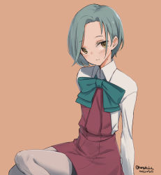 Rule 34 | 1girl, aqua bow, aqua bowtie, blue bow, blue bowtie, bow, bowtie, dated, dress, forehead, grey hair, grey pantyhose, halterneck, kangoku kou, kantai collection, looking at viewer, mole, mole on neck, pantyhose, pink background, pleated dress, shirt, short hair, signature, sitting, solo, swept bangs, tamanami (kancolle), twitter username, white shirt, yellow eyes