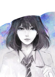 Rule 34 | 1girl, black eyes, black hair, bob cut, commentary request, hand up, holding, lips, looking at viewer, necktie, parted lips, school uniform, smile, solo, traditional media, umbrella, upper body, wataboku, wing collar