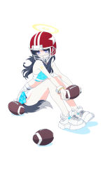 Rule 34 | 1girl, absurdres, american football helmet, ball, blue archive, blue shirt, blue skirt, commentary, cropped shirt, dog tail, english commentary, gloves, halo, helmet, hibiki (blue archive), hibiki (cheer squad) (blue archive), highres, millennium cheerleader outfit (blue archive), rugby ball, shirt, shoes, simple background, sitting, skirt, sleeveless, sleeveless shirt, sneakers, solo, tail, white background, white footwear, white gloves, xity, yellow halo