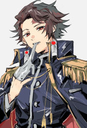 Rule 34 | 1boy, biting, biting clothes, black coat, black jacket, brown eyes, brown hair, buttons, coat, collar, collared coat, collared jacket, earrings, epaulettes, gloves, grey background, high collar, highres, jacket, jacket on shoulders, jewelry, kamado tanjirou, kimetsu no yaiba, long sleeves, looking at viewer, male focus, military, military uniform, mouth hold, open mouth, scar, scar on face, scar on forehead, short hair, simple background, solo, susten, teeth, uniform, upper body, white gloves