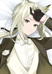 Rule 34 | 1girl, absurdres, animal ear fluff, animal ears, arknights, arm up, bed sheet, black gloves, black jacket, bow, bowtie, cat ears, closed mouth, flower, gloves, green eyes, grey hair, hand on forehead, highres, jacket, kal&#039;tsit (arknights), long hair, long sleeves, looking at viewer, low ponytail, lying, official alternate costume, on back, on bed, open clothes, open jacket, rose, shirt, solo, traditional bowtie, upper body, v-shaped eyebrows, white bow, white bowtie, white flower, white rose, white shirt, yokuto