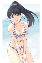 Rule 34 | 1girl, bikini, black hair, blue bikini, blue eyes, blue scrunchie, breasts, cleavage, collarbone, cowboy shot, front-tie top, hair ornament, hair scrunchie, highres, leaning forward, long hair, looking at viewer, medium breasts, nonaka nono, original, parted lips, ponytail, scrunchie, solo, standing, striped bikini, striped clothes, swimsuit