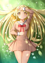 Rule 34 | 1girl, absurdres, bad id, bad pixiv id, bang dream!, blonde hair, blush, breasts, brown dress, buttons, catnnn, collarbone, commentary, cowboy shot, double-breasted, dress, falling petals, flower, from above, grass, hanasakigawa school uniform, hand on own head, hand on own stomach, highres, light rays, long hair, long sleeves, looking at viewer, lying, medium breasts, neck ribbon, on back, petals, red ribbon, ribbon, sailor collar, sailor dress, school uniform, shade, sidelocks, smile, solo, sunbeam, sunlight, tsurumaki kokoro, white sailor collar, yellow eyes