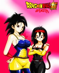 Rule 34 | 10s, 2girls, armor, black eyes, black hair, bodysuit, breasts, crossed arms, dicasty, dragon ball, dragon ball super, female focus, gine, hand on own hip, highres, long hair, looking at viewer, multiple girls, saiyan, tail, text focus, wide hips