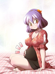 Rule 34 | 1girl, barefoot, breasts, chamupei, cleavage, female focus, hair ornament, hand on own stomach, highres, on bed, pregnant, purple hair, short hair, smile, solo, touhou, yasaka kanako, yellow eyes