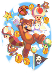 Rule 34 | 1-up mushroom, 2boys, :d, animal costume, animal ears, arm up, artist name, blue eyes, blue sky, bowser logo, brown hair, closed mouth, cloud, coin, commentary, day, english commentary, engrish commentary, facial hair, flag, flagpole, frown, gloves, goomba, highres, jumping, looking at viewer, male focus, mario, mario (series), multiple boys, mustache, nintendo, on cloud, open mouth, pennant, raccoon costume, raccoon ears, raccoon tail, short hair, sky, smile, super leaf, super mario 3d land, super mushroom, super star (mario), tail, tanuki mario, teeth, toad (mario), tongue, tusks, ultimatesol, upper teeth only, v-shaped eyebrows, white background, white gloves