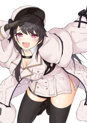 Rule 34 | 1girl, absurdres, azur lane, black gloves, black hair, black thighhighs, breasts, cleavage, coat, fur-trimmed coat, fur trim, gloves, highres, long hair, nukege ojisan, open clothes, open coat, open mouth, pamiat merkuria (azur lane), purple eyes, solo, thighhighs, white coat, white headwear, wide sleeves