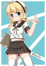 Rule 34 | 10s, 1girl, ahoge, alternate costume, beret, blonde hair, blue eyes, book, commentary request, eyebrows, glasses, hat, highres, i-8 (kancolle), kantai collection, low twintails, navel, pepatiku, pleated skirt, red-framed eyewear, school uniform, skirt, solo, twintails, twitter username