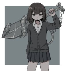 Rule 34 | 1girl, arm at side, black cardigan, black eyes, black hair, black skirt, border, cardigan, closed mouth, collared shirt, dress shirt, expressionless, feet out of frame, grey background, hand up, holding, holding sword, holding weapon, jitome, charm (object), long sleeves, looking at viewer, medium hair, no sclera, original, outside border, oversized object, pleated skirt, popped collar, school uniform, shirt, simple background, skirt, solo, standing, sword, umi ha kirai, weapon, weapon behind back, white border, white shirt