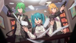 Rule 34 | 3girls, ahoge, aqua hair, black gloves, black jacket, black necktie, black pants, blonde hair, blue eyes, blurry, blurry foreground, bookshelf, bow, bow hairband, clenched teeth, commentary, cross, cross earrings, drawing sword, dress shirt, earrings, formal, gloves, green eyes, green hair, grey vest, gumi, gun, hair bow, hairband, hands up, hatsune miku, highres, holding, holding gun, holding sheath, holding sword, holding weapon, indoors, jacket, jacket on shoulders, jewelry, kagamine rin, katana, long hair, looking at viewer, medium hair, multiple girls, neckerchief, necktie, one eye closed, open mouth, outstretched arm, painting (object), pants, paper, sheath, shelf, shirt, sidelocks, smile, suit, sword, table, teeth, twintails, v-shaped eyebrows, vest, vocaloid, weapon, white bow, white neckerchief, white shirt, wounds404