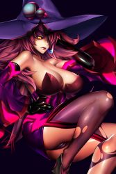 Rule 34 | 1girl, absurdres, arc system works, bare shoulders, black sclera, blazblue, breasts, cleavage, colored sclera, hat, highres, huge filesize, konoe a. mercury, large breasts, long hair, looking at viewer, pink hair, shiny skin, solo, tagme, thighhighs, underwear, very long hair, witch hat