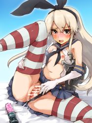 Rule 34 | 10s, 1girl, bar censor, black panties, blonde hair, blush, boris (noborhys), breasts, censored, dildo, elbow gloves, gloves, hairband, has uncensored version, kantai collection, long hair, nipples, open mouth, panties, pussy, pussy juice, sailor collar, sex toy, shimakaze (kancolle), small breasts, solo, spread pussy, striped clothes, striped thighhighs, tears, thighhighs, underwear, white gloves