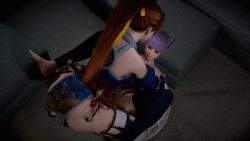Rule 34 | 2girls, 3d, 60fps, absurdres, animated, ayane (doa), breasts, clothed sex, controller, couch, feet, game controller, hair ornament, hands on another&#039;s shoulders, highres, kasumi (doa), lying, missionary, moaning, video, multiple girls, on back, purple hair, tagme, thighhighs, virt-a-mate, weapon, weapon on back