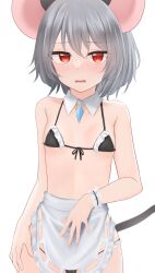 Rule 34 | 1girl, alternate costume, animal ears, apron, bikini, black bikini, blush, collar, commentary request, cowboy shot, crystal, dakuazu, detached collar, flat chest, frilled bikini, frills, front-tie bikini top, front-tie top, grey hair, highres, jewelry, looking at viewer, medium bangs, mouse ears, mouse girl, mouse tail, nazrin, nearly naked apron, open mouth, paid reward available, pendant, red eyes, short hair, simple background, solo, swimsuit, tail, touhou, waist apron, white apron, white background, white collar