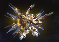 Rule 34 | absurdres, aiming, black background, chibi, dual wielding, finger on trigger, glowing, glowing eye, gun, gundam, gundam seed, gundam seed destiny, highres, holding, holding gun, holding weapon, legs apart, looking ahead, making-of available, mecha, mechanical wings, mobile suit, no humans, robot, science fiction, sd gundam, solo, strike freedom gundam, v-fin, weapon, wings, yellow eyes, zakuma