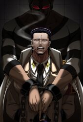 Rule 34 | 2boys, absurdres, alternate costume, arm over shoulder, black hair, cigar, coat, crocodile (one piece), cuffs, detective, donquixote doflamingo, evil grin, evil smile, expressionless, eyes in shadow, grin, hair slicked back, handcuffs, height difference, highres, large pectorals, looking at viewer, male focus, mature male, multiple boys, one piece, pectorals, prisoner, scar, scar on face, scar on nose, short hair, smile, smoking, stitches, upper body, zxcvbnm0379