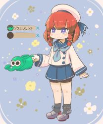 Rule 34 | 1girl, anchor, anklet, bike shorts, black legwear, blue eyes, blue neckerchief, blue ribbon, blue skirt, blush stickers, bob cut, braid, buttons, chain, commentary, etorofu (kancolle), floral background, hat, inishie, jewelry, kantai collection, mary janes, neckerchief, parody, pleated skirt, red hair, ribbon, sailor hat, school uniform, serafuku, shoes, sidelocks, skirt, smile, solo, standing, thick eyebrows, twin braids, watering can, white hat