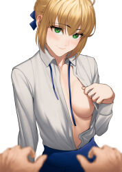 Rule 34 | 1girl, 1other, artoria pendragon (all), artoria pendragon (fate), blonde hair, blue ribbon, blue skirt, breasts, closed mouth, collared shirt, commentary, english commentary, fate/stay night, fate (series), green eyes, hair ribbon, long sleeves, looking at viewer, medium breasts, open clothes, open shirt, pov, pov hands, ribbon, saber (fate), shirt, simple background, skirt, smile, solo focus, tamamoice, upper body, white background, white shirt