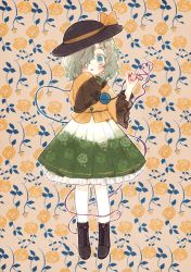Rule 34 | 1girl, :d, ankle boots, aqua eyes, black footwear, black hat, blouse, blue nails, blush, boots, collared shirt, cross-laced footwear, dot nose, eyeball, floral background, floral print, flower, frilled shirt collar, frilled sleeves, frills, full body, green skirt, grey hair, hair over one eye, hands up, hat, hat ribbon, heart, heart-shaped pupils, heart of string, komeiji koishi, long sleeves, looking at viewer, medium skirt, multicolored nails, nail polish, open mouth, outline, pantyhose, parted bangs, petticoat, pinky out, pleated skirt, print skirt, ribbon, rose, rose print, shirt, short hair, skirt, sleeves past fingers, sleeves past wrists, smile, solo, standing, straight-on, string, string around finger, string on pinky, symbol-shaped pupils, tan background, third eye, touhou, two-tone skirt, wavy hair, white outline, white pantyhose, wide sleeves, yellow flower, yellow nails, yellow ribbon, yellow rose, yellow shirt, yujup