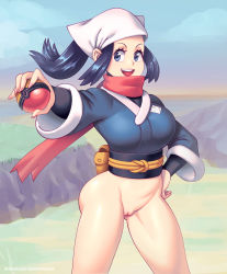 Rule 34 | 1girl, absurdres, akari (pokemon), blue eyes, blue hair, bottomless, breasts, cleft of venus, cloud, creatures (company), day, female focus, game freak, groin, hand on own hip, happy, headband, highres, holding, holding poke ball, japanese clothes, large breasts, legs, legs apart, long hair, looking at viewer, matching hair/eyes, nintendo, no panties, obi, ocean, open mouth, outdoors, poke ball, pokemon, pokemon legends: arceus, pussy, red scarf, sash, scarf, sidelocks, sky, smile, solo, standing, supersatanson, teeth, thighs, uncensored, upper teeth only, water