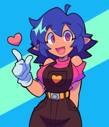 Rule 34 | 1girl, bacun, blue hair, blush, borrowed character, breasts, dark-skinned female, dark skin, emi (twistedgrim), fang, gloves, heart, highres, index finger raised, large breasts, looking at viewer, messy hair, open mouth, original, overalls, pink shirt, pointy ears, red eyes, shirt, short hair, smile, solo, white gloves
