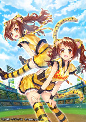 Rule 34 | 2girls, :d, bad id, bad pixiv id, baseball stadium, bent over, brown eyes, brown hair, character request, hair ornament, hairclip, jumping, long hair, looking at viewer, multiple girls, official art, open mouth, pleated skirt, renta (deja-vu), skirt, smile, striped clothes, striped legwear, striped thighhighs, tenka touitsu chronicle, thighhighs, twintails, zettai ryouiki
