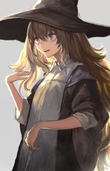 Rule 34 | 1girl, artist name, backlighting, black hat, black jacket, blonde hair, blue eyes, cinkai, collared dress, dress, hair between eyes, hat, highres, jacket, long hair, open clothes, open jacket, open mouth, original, silver background, solo, sweat, text focus, very long hair, white dress, witch hat
