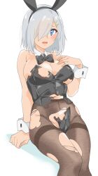 Rule 34 | 1girl, absurdres, alternate costume, black bow, black bowtie, black leotard, black pantyhose, blue eyes, bow, bowtie, breasts, grey hair, hair ornament, hair over one eye, hairclip, hamakaze (kancolle), highres, invisible chair, kantai collection, large breasts, leotard, looking at viewer, maonatten, pantyhose, short hair, simple background, sitting, solo, strapless, strapless leotard, thighband pantyhose, torn clothes, torn leotard, torn pantyhose, white background