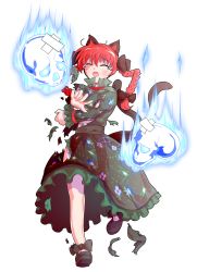 Rule 34 | 1girl, alphes (style), animal ears, bad id, bad pixiv id, braid, cat ears, cat tail, crossed bandaids, dairi, dress, frilled dress, frilled sleeves, frills, full body, highres, kaenbyou rin, long sleeves, multiple tails, nekomata, parody, red hair, skull, solo, spirit, style parody, tail, tears, torn clothes, touhou, transparent background, twin braids