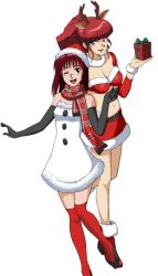 Rule 34 | 2girls, banpresto, bare shoulders, boots, bra, breasts, cleavage, dress, elbow gloves, female focus, fur-trimmed bra, fur-trimmed skirt, fur trim, gift, gloves, hat, headband, jung freud, looking at viewer, miniskirt, multiple girls, navel, official art, one eye closed, plaid, plaid scarf, red hair, red legwear, santa boots, santa costume, santa gloves, santa hat, scarf, simple background, skirt, standing, strapless, strapless dress, super robot wars, super robot wars x-omega, takaya noriko, thighhighs, white background, wink