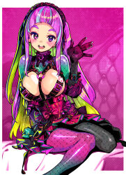 Rule 34 | 1girl, blonde hair, blue hair, border, bow, breasts, cleavage, colored inner hair, frilled skirt, frills, gloves, highres, large breasts, looking at viewer, multicolored hair, o-ring, o-ring top, onono imoko, open mouth, original, purple eyes, purple hair, sitting, skirt, smile, solo, streaked hair, waving, white border