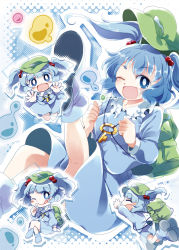 Rule 34 | 4girls, :d, ;d, ;q, backpack, bag, blue eyes, blue hair, boots, chachi (azuzu), chibi, hair bobbles, hair ornament, hat, kawashiro nitori, key, multiple girls, one eye closed, open mouth, short hair, skirt, skirt set, smile, tongue, tongue out, touhou, twintails, two side up, wink