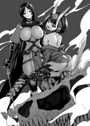 Rule 34 | 2girls, artist request, ass, back, blood, blood on face, bracelet, breasts, fangs, fate (series), grey background, highres, holding, holding weapon, horns, huge breasts, iwamoto eiri, japanese clothes, jewelry, kimono, long hair, looking back, minamoto no raikou (fate), monochrome, multiple girls, oni, open mouth, serious, short hair, shuten douji (fate), skull, smile, squatting, sword, weapon