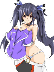 Rule 34 | 10s, 1girl, bad id, bad pixiv id, bare shoulders, black hair, choker, clothes in front, clothes pull, covering privates, dressing, fujishima tsubasa, hair ornament, highres, long hair, looking at viewer, neptune (series), noire (neptunia), open mouth, panties, red eyes, ribbon, skirt, skirt pull, solo, tears, twintails, underwear, very long hair, white panties