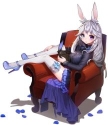 Rule 34 | 1girl, animal ears, armchair, bad id, bad pixiv id, black necktie, blue eyes, bow, bra visible through clothes, chair, collared shirt, frilled skirt, frills, from side, full body, heterochromia, high heels, long hair, looking at viewer, looking back, necktie, open mouth, original, petals, purple eyes, rabbit, rabbit ears, shirt, silver hair, sitting, skirt, solo, thighhighs, transparent background, whoisshe