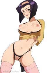 Rule 34 | 1girl, animanghayodraw, breasts, cowboy bebop, faye valentine, green eyes, gun, hairband, highres, lipstick, makeup, medium breasts, navel, nipples, purple hair, pussy, simple background, solo, weapon, white background, yellow hairband