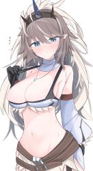 Rule 34 | 1girl, absurdres, arknights, black gloves, blue eyes, blue heart, blush, bra, breasts, brown hair, cleavage, cowboy shot, detached sleeves, gloves, groin, hair between eyes, highres, horns, jewelry, kirin (armor), kirin r yato (arknights), large breasts, long hair, long sleeves, looking at viewer, multicolored hair, navel, necklace, nui (nuinui0300), parted lips, pointy ears, simple background, solo, strap pull, streaked hair, sweat, underwear, white background, white bra, white sleeves, yato (arknights)