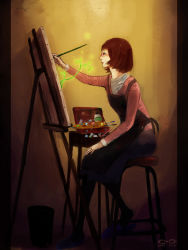 Rule 34 | 1girl, brown hair, brush, canvas (object), drawing, easel, glasses, highres, original, palette (object), plant, profile, shiino nazumi, short hair, sitting, slippers, solo