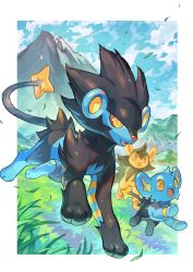 Rule 34 | absurdres, alternate color, border, cloud, commentary request, creatures (company), day, evolutionary line, falling leaves, fangs, game freak, gen 4 pokemon, grass, highres, leaf, luxio, luxray, mountain, nintendo, no humans, open mouth, outdoors, pokemon, pokemon (creature), running, shinx, shiny pokemon, sky, smile, tapioka chaso, toes, tongue, white border
