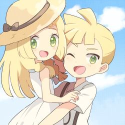 Rule 34 | 1boy, 1girl, bad id, bad pixiv id, bare shoulders, black bow, blonde hair, blue sky, blush, bow, braid, brother and sister, child, cloud, creatures (company), day, dress, flat chest, game freak, gladion (pokemon), green eyes, happy, hat, hat bow, hug, light blush, lillie (pokemon), long hair, looking at viewer, looking back, looking to the side, lowres, mei (maysroom), nintendo, one eye closed, open mouth, outdoors, pokemon, pokemon (anime), pokemon sm (anime), shirt, short sleeves, siblings, sky, sleeveless, sleeveless dress, smile, sun hat, twin braids, upper body, white dress, white shirt, wink, yellow headwear, aged down