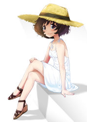 Rule 34 | 1girl, absurdres, akiyama yukari, brown eyes, brown footwear, brown hair, casual, closed mouth, commentary, crossed legs, dog tags, dress, girls und panzer, hand on own knee, hat, highres, light blush, looking at viewer, medium dress, messy hair, sandals, shadow, shiina excel, short hair, sitting, smile, solo, spaghetti strap, straw hat, sun hat, sundress, white background, yellow hat