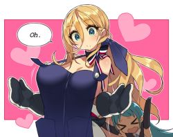 Rule 34 | &gt; &lt;, 2girls, apron, blonde hair, blue apron, blue eyes, blue hair, commentary request, cowboy shot, dress, closed eyes, hair between eyes, heart, itsumo nokoru, kantai collection, long hair, mole, mole under eye, mole under mouth, multicolored clothes, multicolored dress, multiple girls, naked apron, oven mitts, pink background, pushing, richelieu (kancolle), samidare (kancolle), school uniform, serafuku, solo focus, speech bubble, strapless, strapless dress, two-tone background, wavy mouth