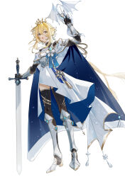Rule 34 | 1girl, armored boots, black thighhighs, blonde hair, blue cape, boots, cape, crown, flower, full body, genshin impact, highres, holding, holding sword, holding weapon, knight, long sleeves, looking to the side, lumine (genshin impact), open mouth, shirt, solo, sword, thigh boots, thighhighs, weapon, white flower, white shirt, yaner 10, yellow eyes