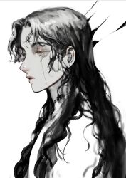 Rule 34 | 1508 1508, 1girl, absurdres, black hair, crying, from side, hair behind ear, highres, lips, long hair, looking away, mole, mole on nose, original, parted bangs, profile, sad, simple background, solo, streaming tears, tears, upper body