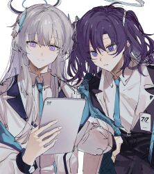 Rule 34 | 2girls, absurdres, black jacket, blue archive, blue halo, blue necktie, closed mouth, collared shirt, commentary, hair between eyes, halo, highres, hirako daishougun, holding, holding tablet pc, jacket, long hair, long sleeves, multiple girls, necktie, noa (blue archive), open mouth, purple eyes, purple hair, shirt, simple background, tablet pc, two side up, upper body, white background, white hair, white jacket, white shirt, yuuka (blue archive)