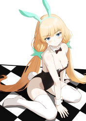 Rule 34 | 1girl, absurdres, alternate costume, angela balzac, animal ears, bare shoulders, between legs, black leotard, blonde hair, blush, bow, bowtie, breasts, checkered floor, closed mouth, commentary request, detached collar, fake animal ears, fake tail, full body, hand between legs, highleg, highleg leotard, highres, hisaku111, leotard, long hair, looking at viewer, low twintails, medium breasts, playboy bunny, rabbit ears, rabbit tail, rakuen tsuihou, sitting, smile, solo, strapless, strapless leotard, tail, thighhighs, traditional bowtie, twintails, very long hair, wariza, white thighhighs